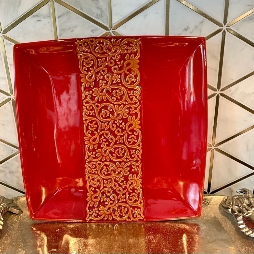 Oxblood Red Ceramic Glazed Ceramic Square 12” Platter Embossed Oriental Asian